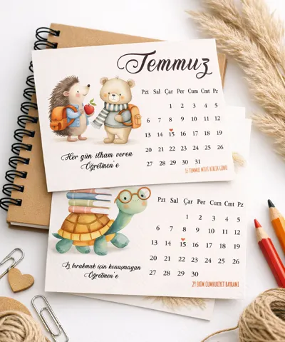 Öğretmenlere Özel İllüstrasyonlu Masa Takvimi - Sevimli Hayvan Figürlü 12 Aylık Takvim