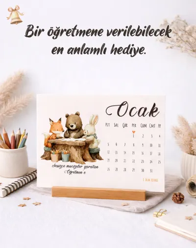Öğretmenlere Özel İllüstrasyonlu Masa Takvimi - Sevimli Hayvan Figürlü 12 Aylık Takvim
