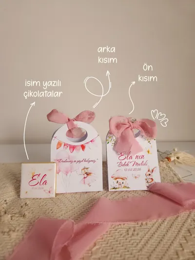 Kişiye Özel Çikolatalı Mevlid Hediyelikleri 25'li | Fiyonklu Bebek Mevlüt Şekeri