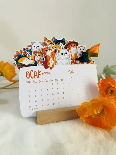 Kedi Temalı 2026 Masa Takvimi - Ahşap Standlı 12 Aylık İllüstrasyon Takvim