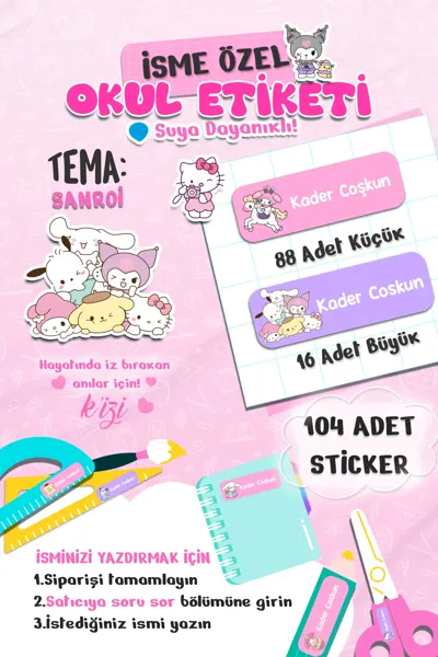 İsme Özel Okul Etiketi - Suya Dayanıklı Sanrio Karakterli İsim Sticker (104 Adet)