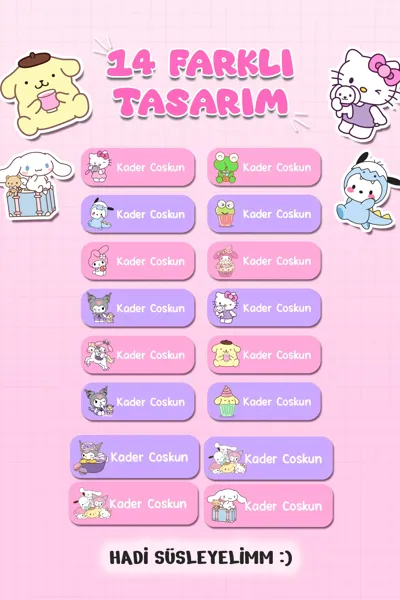 İsme Özel Okul Etiketi - Suya Dayanıklı Sanrio Karakterli İsim Sticker (104 Adet)