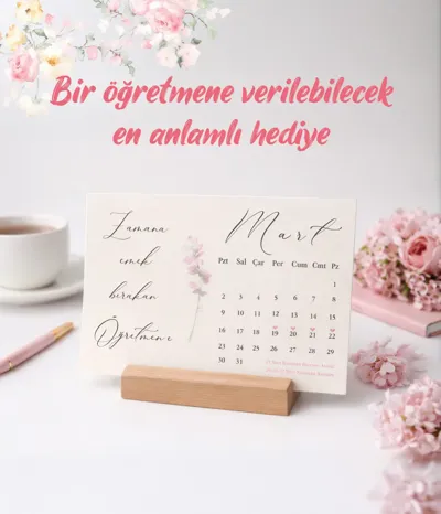 Öğretmenlere Özel Masa Takvimi - Anlamlı Sözlü 12 Aylık Çiçekli Takvim Kartları