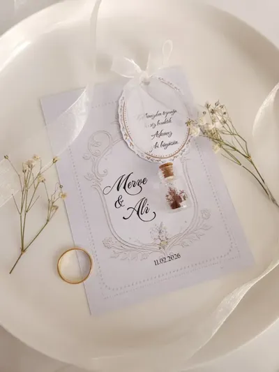 İsme Özel Çiçek Tohumlu Nişan Hediyeliği - Zarif Tohum Şişeli Hatıra Kartı (25 Adet)