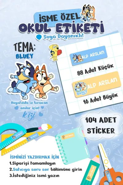 İsme Özel Okul Etiketi - Suya Dayanıklı İsim Sticker (104 Adet)