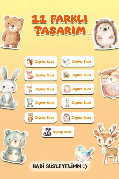 Sevimli Hayvanlar İsme Özel Okul Etiketi - Suya Dayanıklı İsim Sticker (104 Adet)