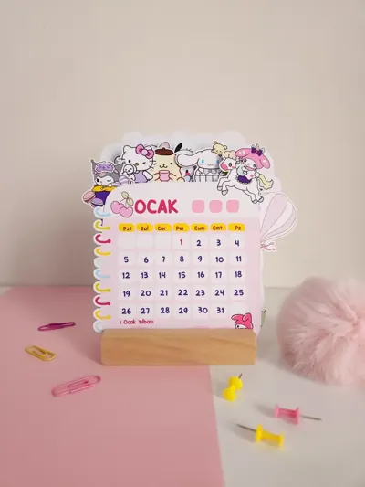 Sanrio Temalı 2026 Masa Takvimi - Kawaii Tasarımlı Ahşap Standlı 12 Aylık Takvim