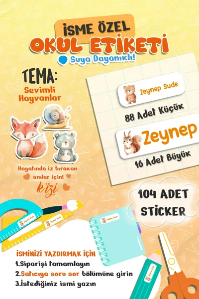 Sevimli Hayvanlar İsme Özel Okul Etiketi - Suya Dayanıklı İsim Sticker (104 Adet)