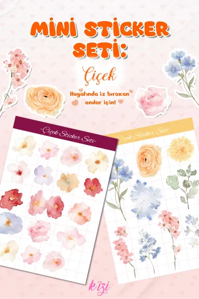 Çiçek Mini Sticker Seti - Suluboya Çiçek Desenli Dekoratif Sticker (2 Sayfa)