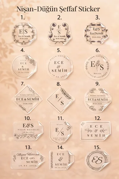 Kişiye Özel Nişan Düğün Şeffaf Sticker 4x4 cm – İsimli Söz Nikah Hatırası Etiketi | 15 Model | 72 Adet