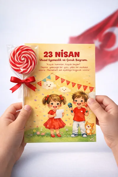 KiziHediye 23 Nisan Hediyelik Kart ve Lolipop | Çocuk Bayramı Hediye Kartı | Şekerli Kart 8’li