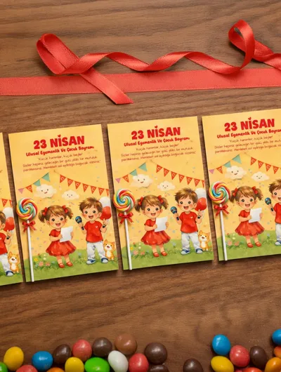 KiziHediye 23 Nisan Hediyelik Kart ve Lolipop | Çocuk Bayramı Hediye Kartı | Şekerli Kart 8’li