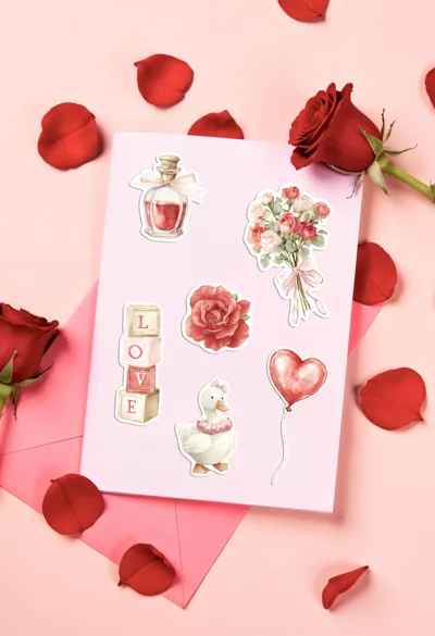 Aşk Temalı Mini Sticker Seti | Love, Gül, Kalp, Mühür Figürlü Vintage Sticker | Ajanda & Hediye Sticker