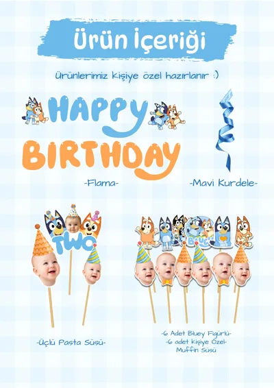 Kişiye Özel Bluey Temalı Doğum Günü Seti | İsimli Pasta Üstü, Muffin Kürdan & Flama Set