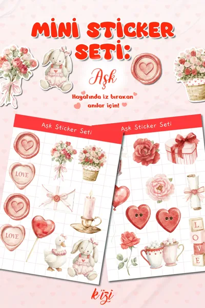 Aşk Temalı Mini Sticker Seti | Love, Gül, Kalp, Mühür Figürlü Vintage Sticker | Ajanda & Hediye Sticker