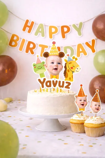 Kişiye Özel Doğum Günü Süsü Seti – Flama, Pasta Üstü ve Cupcake Parti Seti | Hayvanlar Temalı