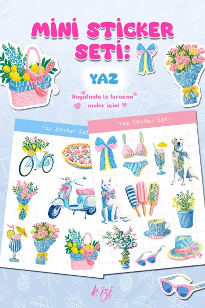 Yaz Temalı Mini Sticker Seti | Çiçek, Dondurma, Bisiklet Figürlü Dekoratif Sticker | Ajanda & Hediye