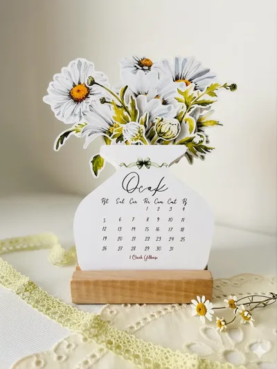 Papatya Temalı Masaüstü Takvim 2026 | Ahşap Standlı Dekoratif Masa Takvimi | Çiçekli Tasarım