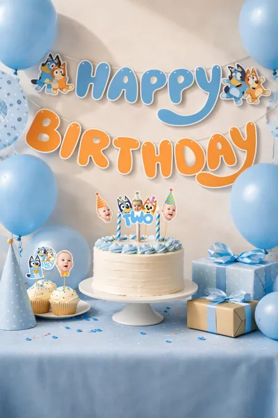 Kişiye Özel Bluey Temalı Doğum Günü Seti | İsimli Pasta Üstü, Muffin Kürdan & Flama Set