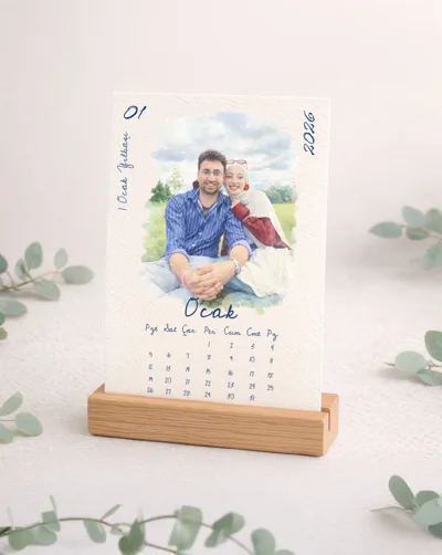 Kişiye Özel Masa Takvimi 2026 | Fotoğraftan Çizim | Çiftlere Özel Hediye