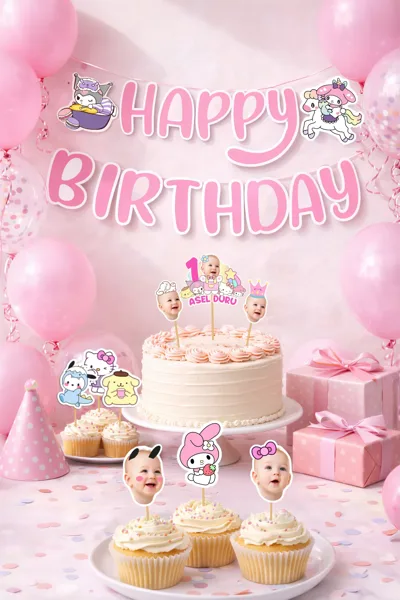 Kişiye Özel Doğum Günü Seti – Pasta Süsü, Muffin Kürdan Seti, Flama – Kuromi, My Melody, Hello Kitty