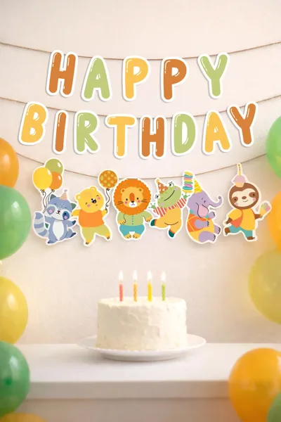 Kişiye Özel Doğum Günü Süsü Seti – Flama, Pasta Üstü ve Cupcake Parti Seti | Hayvanlar Temalı