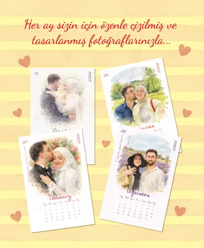 Kişiye Özel Masa Takvimi 2026 | Fotoğraftan Çizim | Çiftlere Özel Hediye