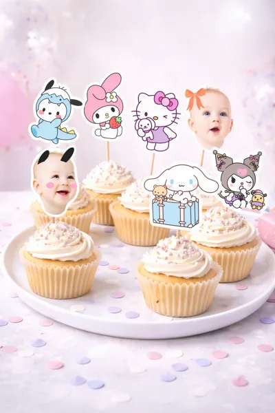 Kişiye Özel Doğum Günü Seti – Pasta Süsü, Muffin Kürdan Seti, Flama – Kuromi, My Melody, Hello Kitty