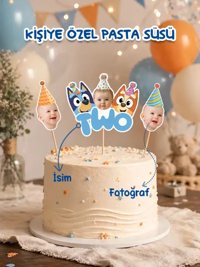  Kişiye Özel Bluey Temalı Pasta Süsü (3’lü Set) – Fotoğraflı +Yaşı+ İsimli Cake Topper Doğum Günü Dekoru