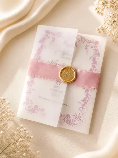  Pembe Çiçekli Düğün Davetiyesi – Kurdele ve Mühürlü, Özel Kesim Romantik Davetiye-30 Adet