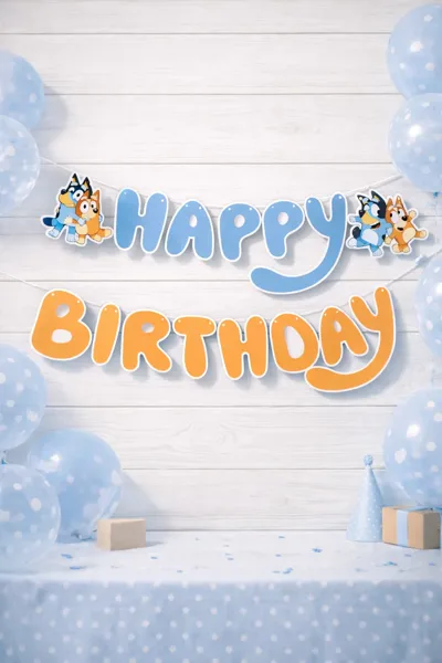 Bluey Temalı Happy Birthday Flama Banner – Mavi Turuncu Doğum Günü Süsü, Bluey Figürlü Parti Dekoru