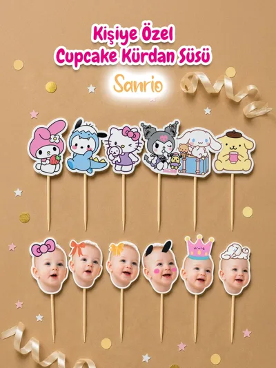 Kişiye Özel Sanrio Temalı Cupcake Kürdan Süsü (12 Adet) – Doğum Günü & Baby Shower Parti Dekoru