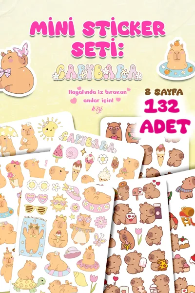  Capybara Mini Sticker Seti 132 Adet–8 Sayfa Sevimli Sticker | Defter Süsleme, Günlük, Çocuk Etkinlik