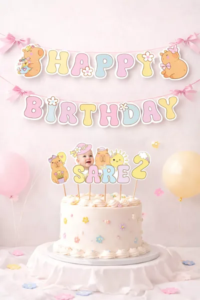 Kişiye Özel Capybara Temalı Doğum Günü Seti – Happy Birthday Flama, Pasta Süsü ve Cupcake Süsleri