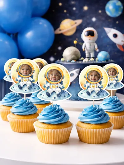 Kişiye Özel Astronot Cupcake Topper Seti – Fotoğraflı Uzay Temalı Muffin Kürdan Süsü – Doğum Günü 12’li
