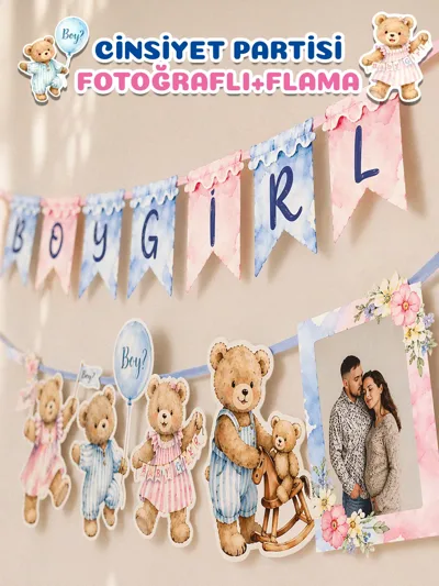 Cinsiyet Partisi(Boy or Girl) Kız Mı Erkek mi Flama Seti – Kişiye Özel Fotoğraflı Ayıcık Temalı Banner