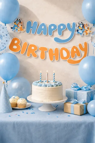 Bluey Temalı Happy Birthday Flama Banner – Mavi Turuncu Doğum Günü Süsü, Bluey Figürlü Parti Dekoru