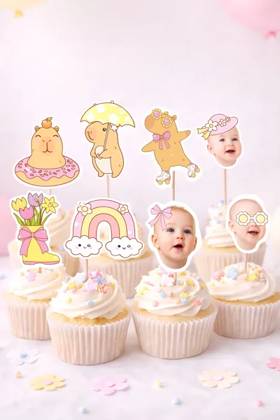 Kişiye Özel Capybara Temalı Doğum Günü Seti – Happy Birthday Flama, Pasta Süsü ve Cupcake Süsleri