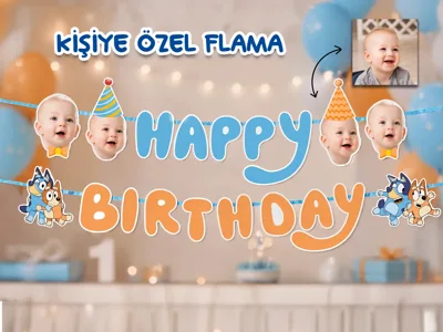 Bluey Temalı Kişiye Özel Fotoğraflı Happy Birthday Flama Banner – Doğum Günü Süsleme Seti