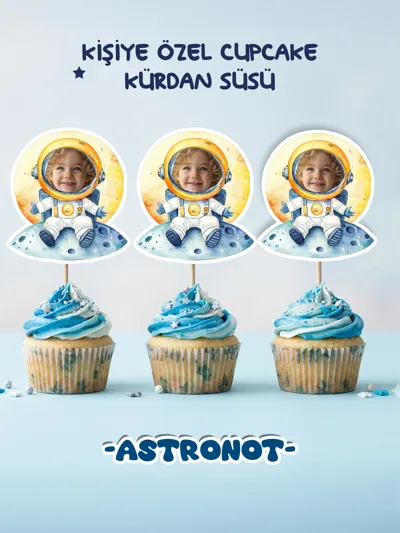 Kişiye Özel Astronot Cupcake Topper Seti – Fotoğraflı Uzay Temalı Muffin Kürdan Süsü – Doğum Günü 12’li