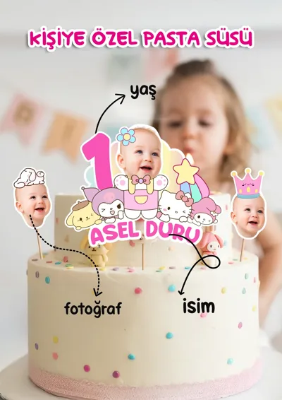  Kişiye Özel Sanrio Temalı Pasta Üstü Fotoğraflı + İsimli Parti Süsüi 3'lü– Doğum Günü Çöp Şişli Parti Süsü