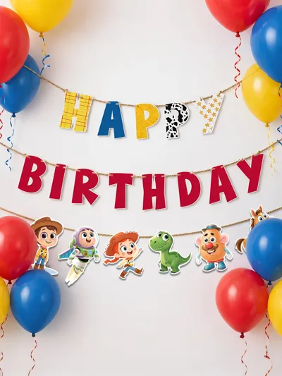 Oyuncak Hikayesi Temalı Happy Birthday Flama Banner – Renkli Doğum Günü Süsü, Çocuk Parti Dekoru