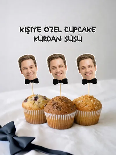 Kişiye Özel Fotoğraflı Damat Cupcake Topper Seti (12 Adet) – Parti & Düğün Kürdan Süsü
