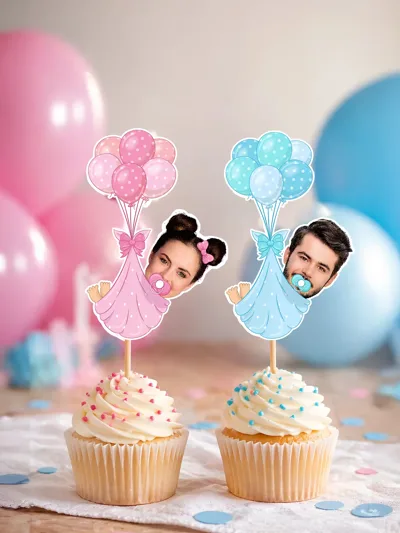 Kişiye Özel Cinsiyet Partisi Cupcake Süsü 12’li – Fotoğraflı Bebek Temalı Kürdanlı Cupcake Topper
