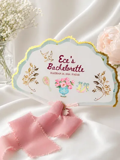 Bride Bachelorette Parti Yelpaze Davetiye/ Düğün, Nişan, Kına & Bachelorette Çiçek Desenli Altın Kenar Detaylı