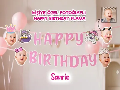 Kişiye Özel Fotoğraflı Happy Birthday Flama Banner – Sanrio Temalı Doğum Günü Flama Seti