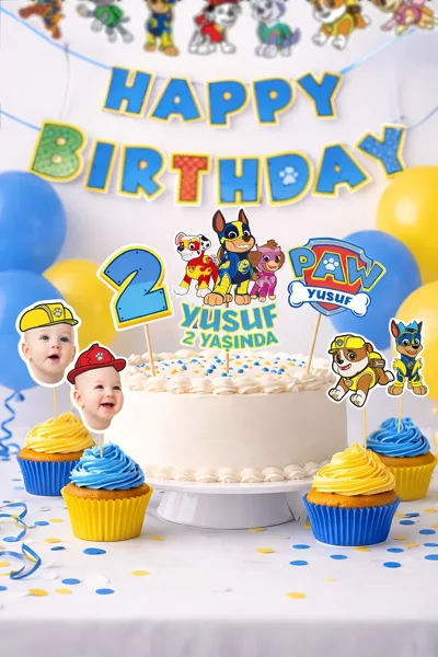 Kişiye Özel Paw Patrol Doğum Günü Parti Seti Pasta Süsü Muffin Kürdanı Happy Birthday Flama