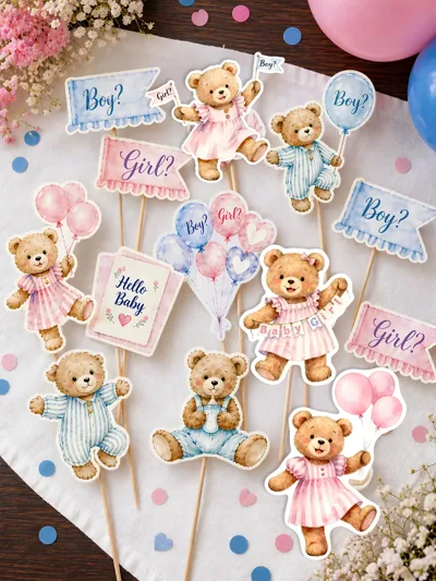 Cinsiyet Partisi Cupcake Süsü 12’li – Boy or Girl Ayıcık Temalı Kürdanlı Cupcake Topper Seti