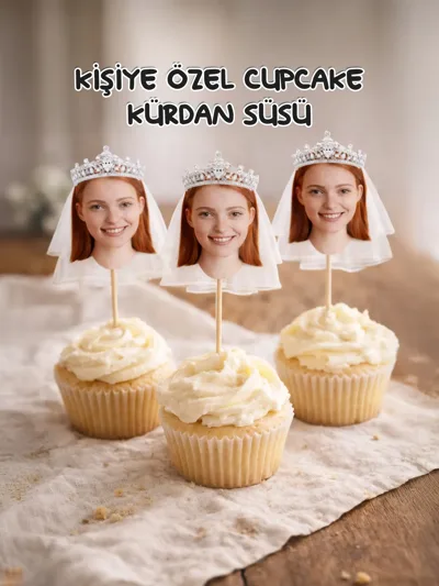 Kişiye Özel Fotoğraflı Gelin Cupcake Topper Seti (12 Adet) – Düğün & Bride Kürdan Süsü