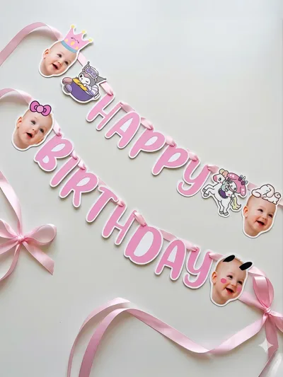 Kişiye Özel Fotoğraflı Happy Birthday Flama Banner – Sanrio Temalı Doğum Günü Flama Seti
